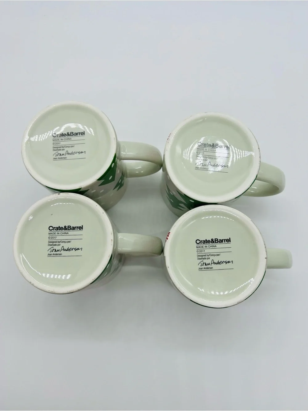 Crate&Barrel Sage Green Snowman Mug Set of 4 with Red Accents